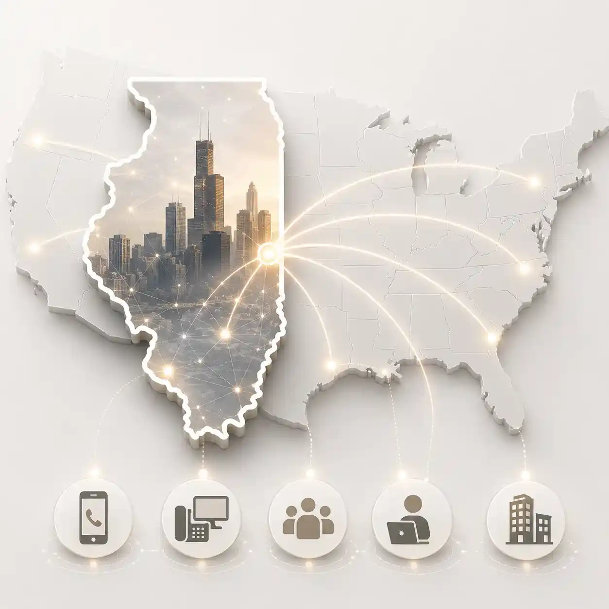 Illinois state outline with icons for mobile, office, remote team and call center connected to a central phone pin